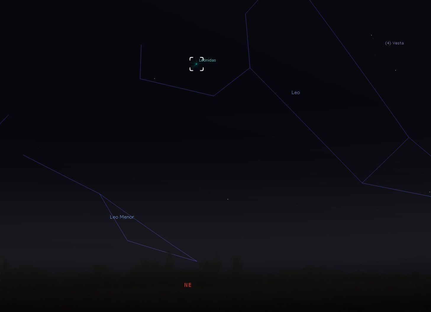Imagen tomada del software Stellarium, centrada en la Ciudad de Buenos Aires para el 17 de Noviembre del 2020 a las 04:00 hs, Hora Oficial Argentina, hacia el Noreste. Leónidas en el centro del recuadro blanco