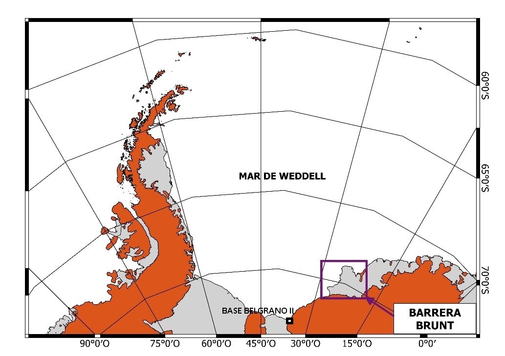 Figura 1: ubicación de la barrera de hielo Brunt en el sur del mar de Weddell.